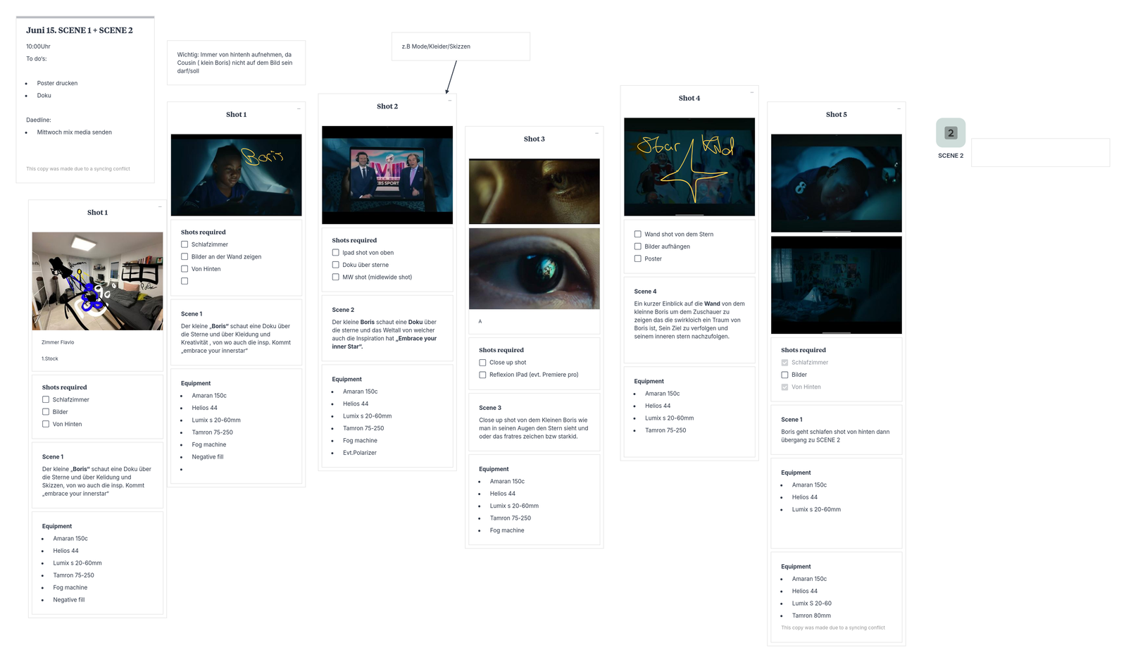 Moodboard and shot list laid out scene by scene