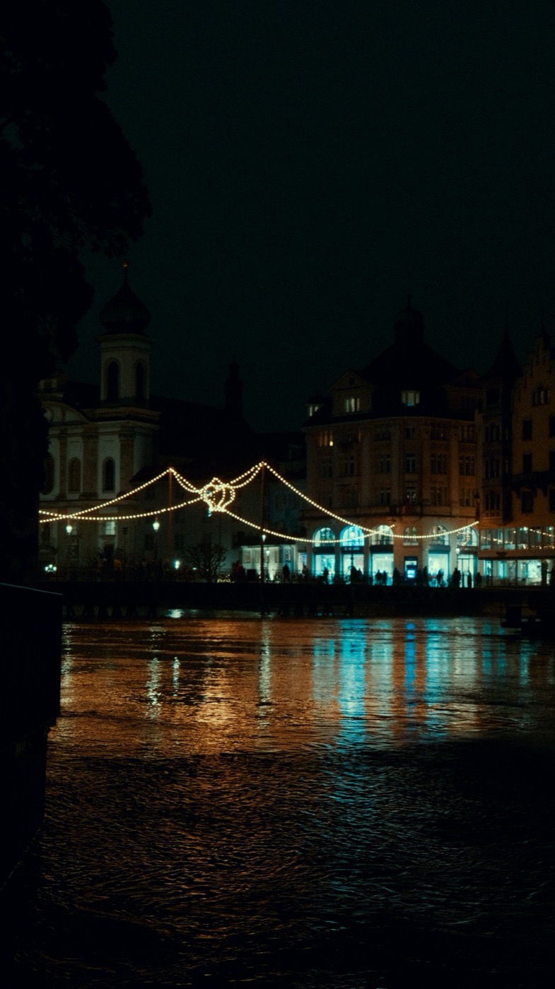 Night lights reflected on the river